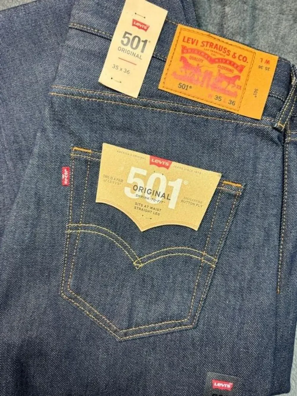 Levi's 501 Jeans Mens 35x36 Blue Raw Denim Straight Shrink-To-Fit Button Fly
